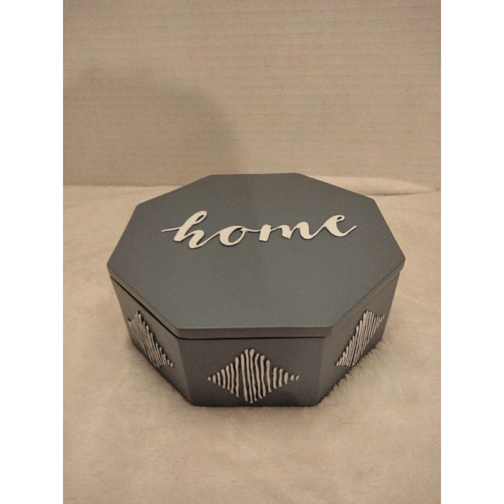 Broyhill Octagon Mirror Storage Jewelry Trinket Box Blue White 5"X5"X2"